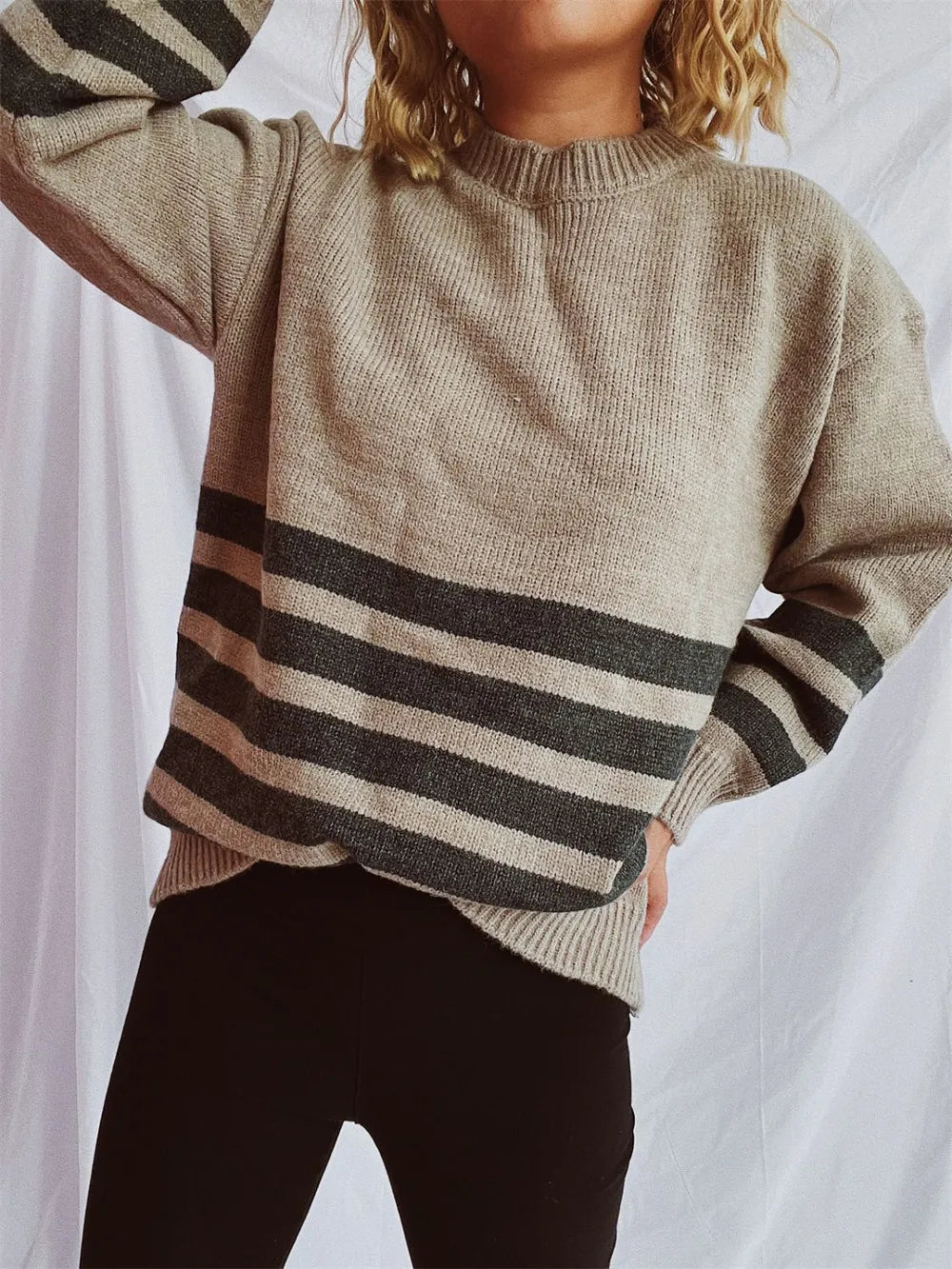Striped Dropped Shoulder Long Sleeve Sweater - adritiX