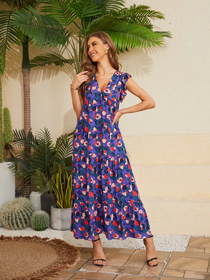 Floral V-Neck Cap Sleeve Summer Dress - adritiX