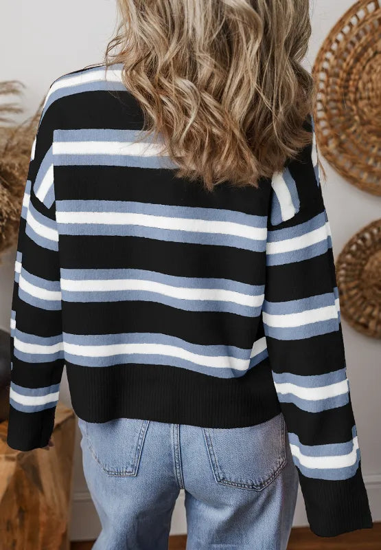 Striped Button Down Long Sleeve Cardigan - adritiX