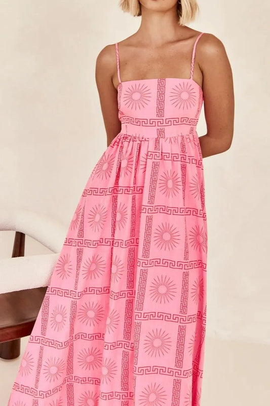 Cutout Back Printed Square Neck Maxi Cami Dress - adritiX