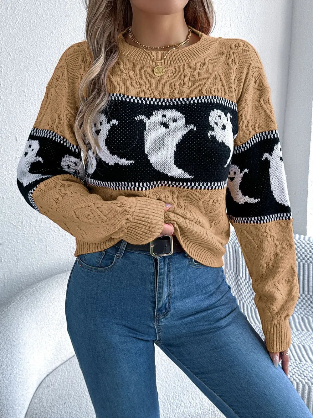 Ghost Round Neck Long Sleeve Sweater - adritiX