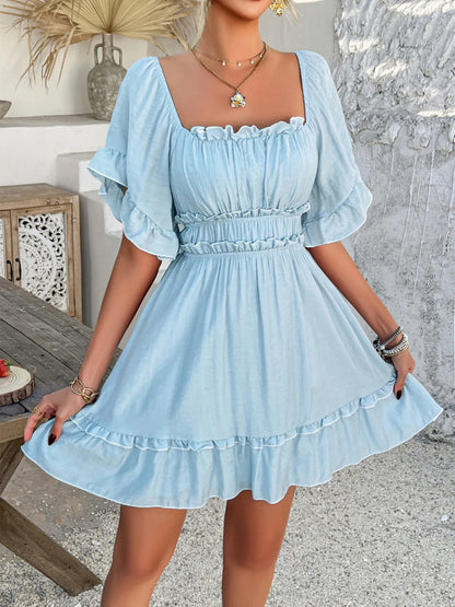 Square Neck Ruffle Trim Mini Dress - adritiX
