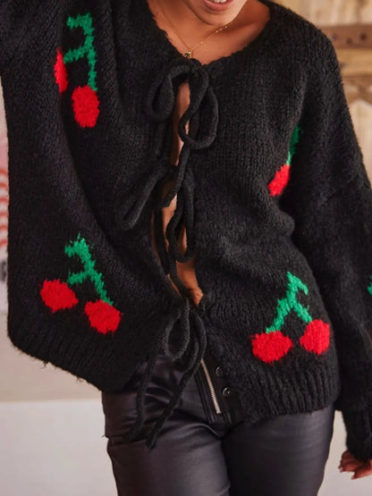 Tied Cherry Round Neck Long Sleeve Cardigan - adritiX