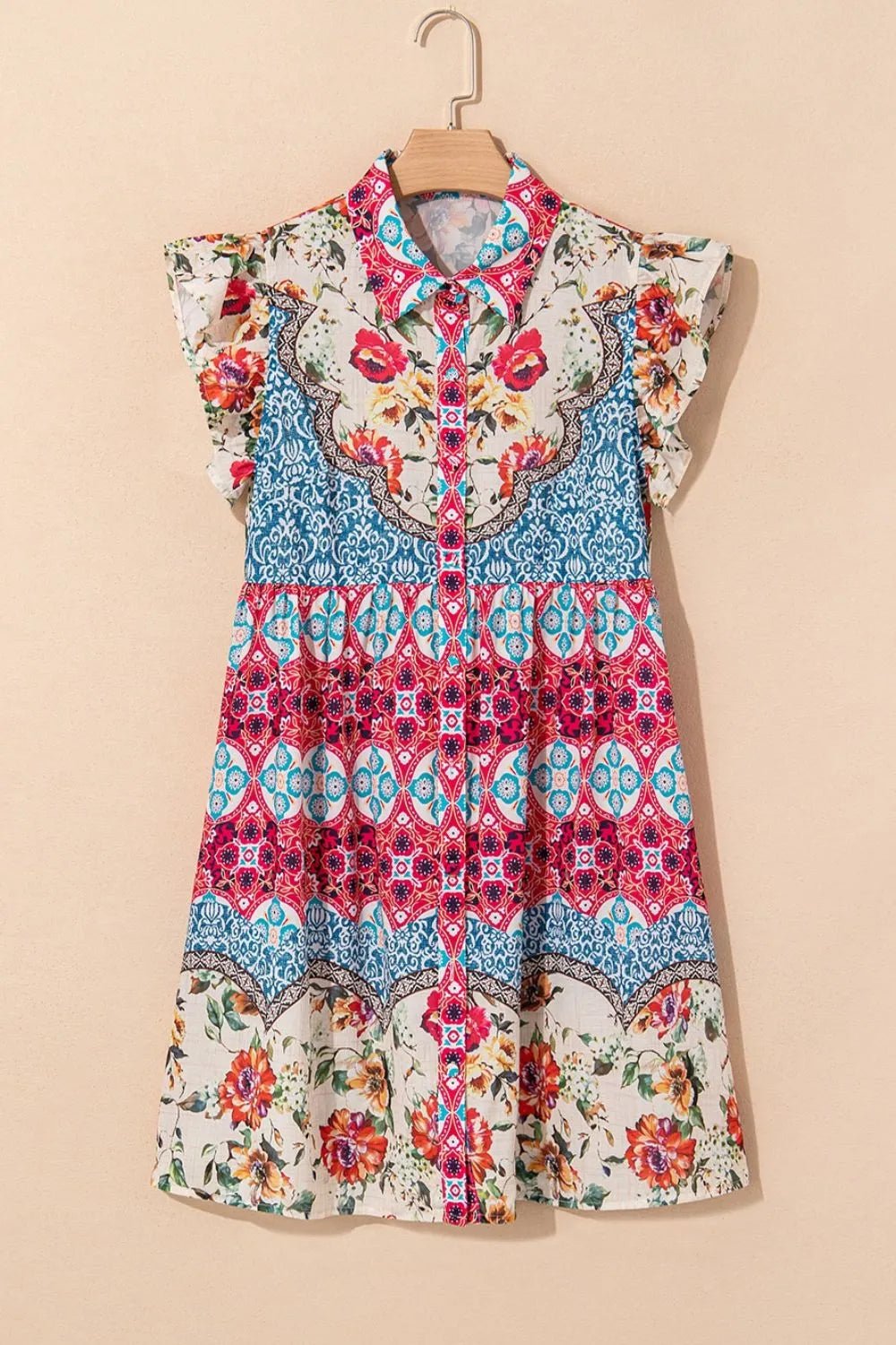 Floral Mixed Pattern Ruffle Flutter Sleeve Buttoned Dress - adritiX