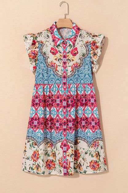 Floral Mixed Pattern Ruffle Flutter Sleeve Buttoned Dress - adritiX