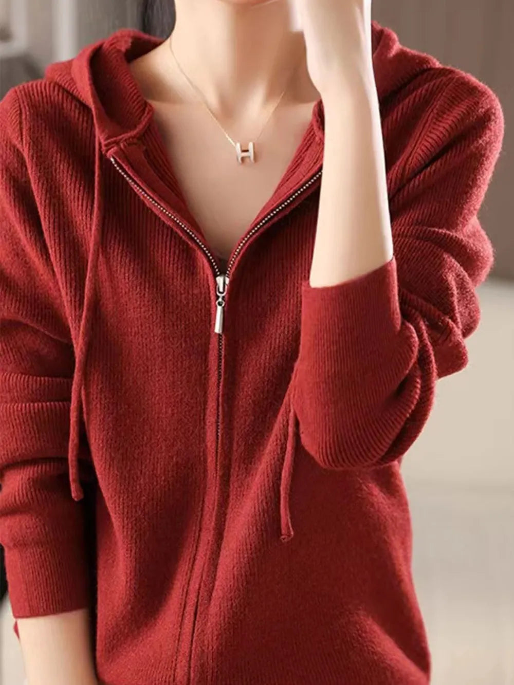 Drawstring Zip Up Long Sleeve Hooded Sweater - adritiX
