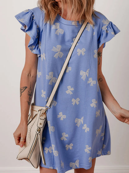 Bow Knot Print Crewneck Ruffled Sleeve Shift Mini Dress - adritiX
