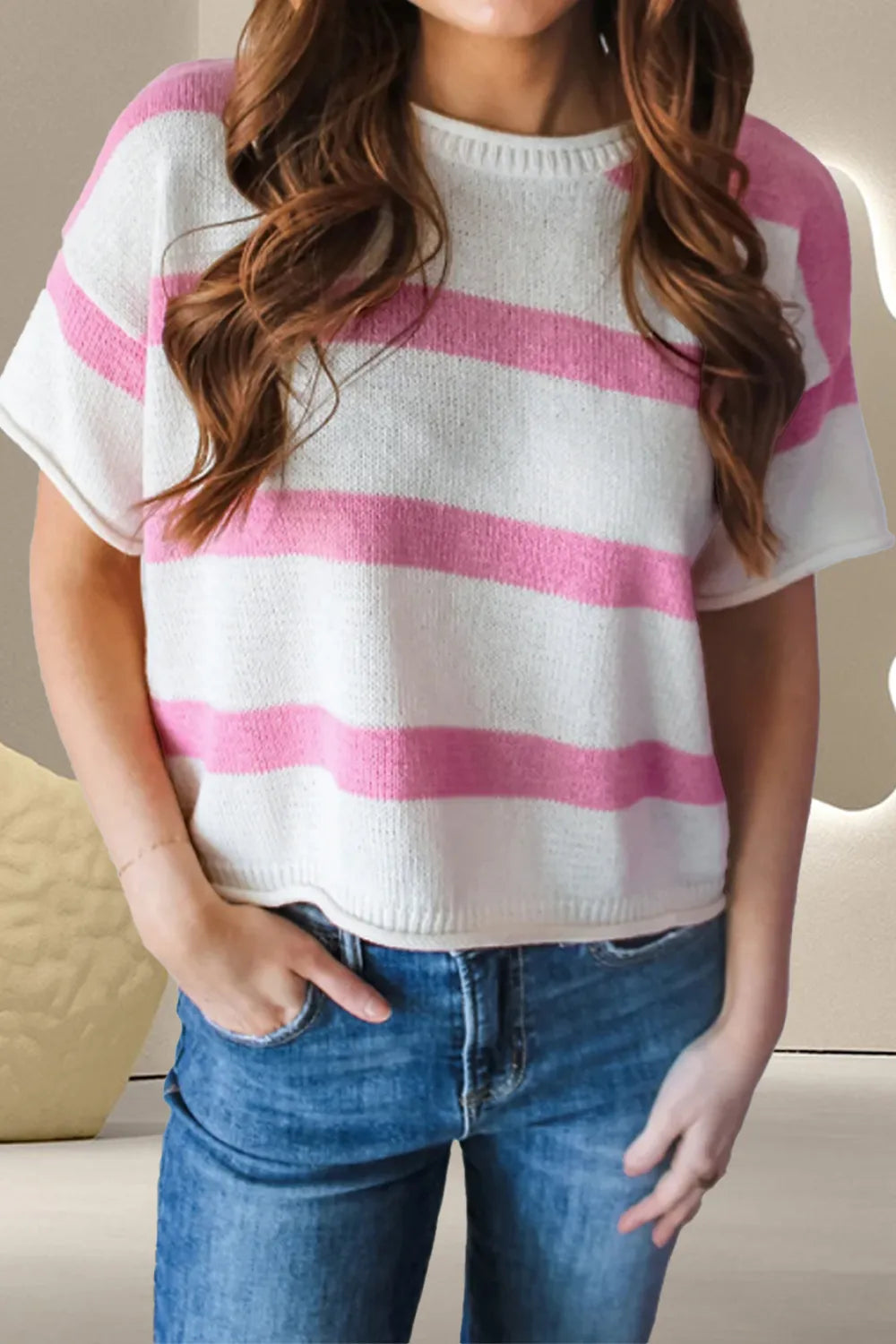 Striped Round Neck Short Sleeve Knit Top - adritiX