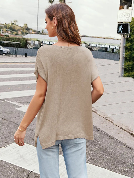 Notched Short Sleeve Knit Top - adritiX