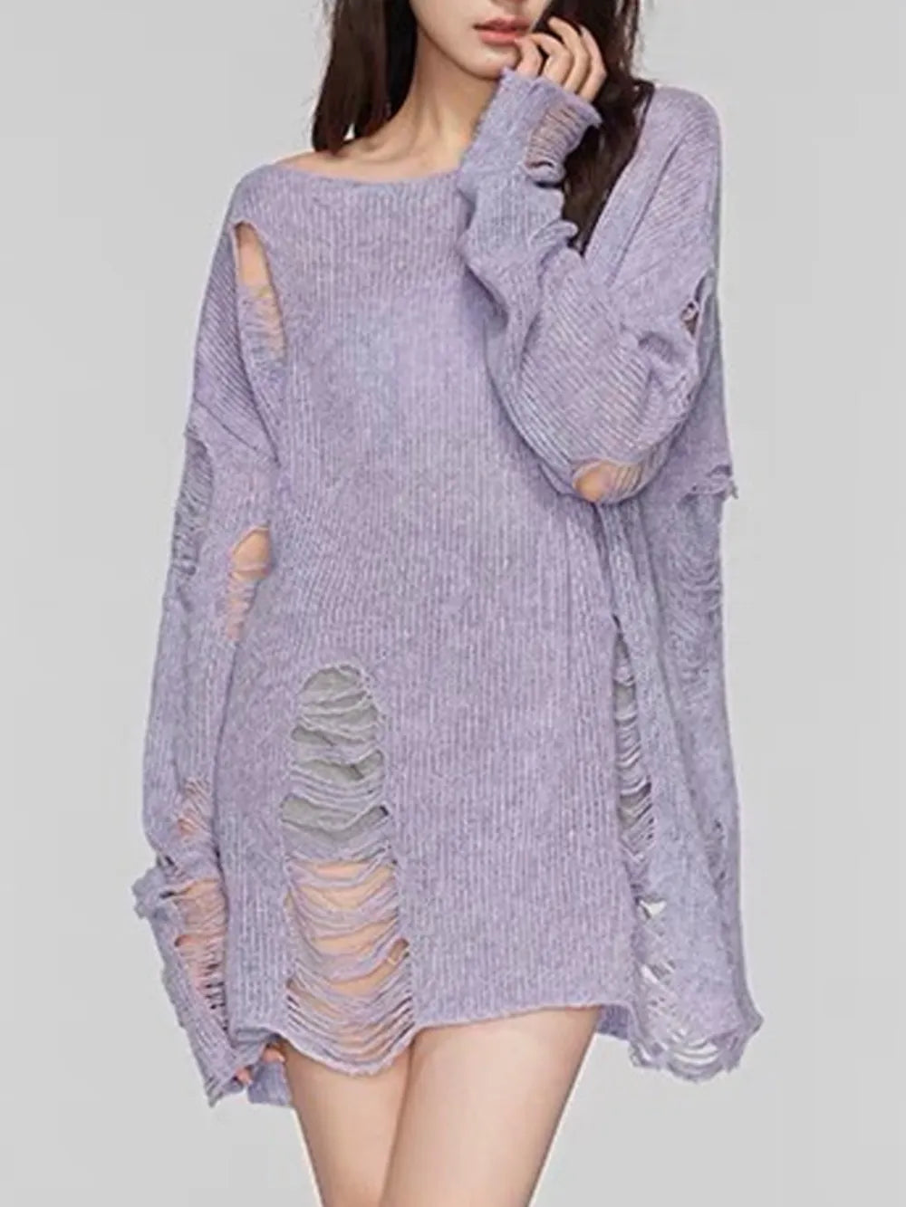 Distressed Boat Neck Knit Cover Up - adritiX