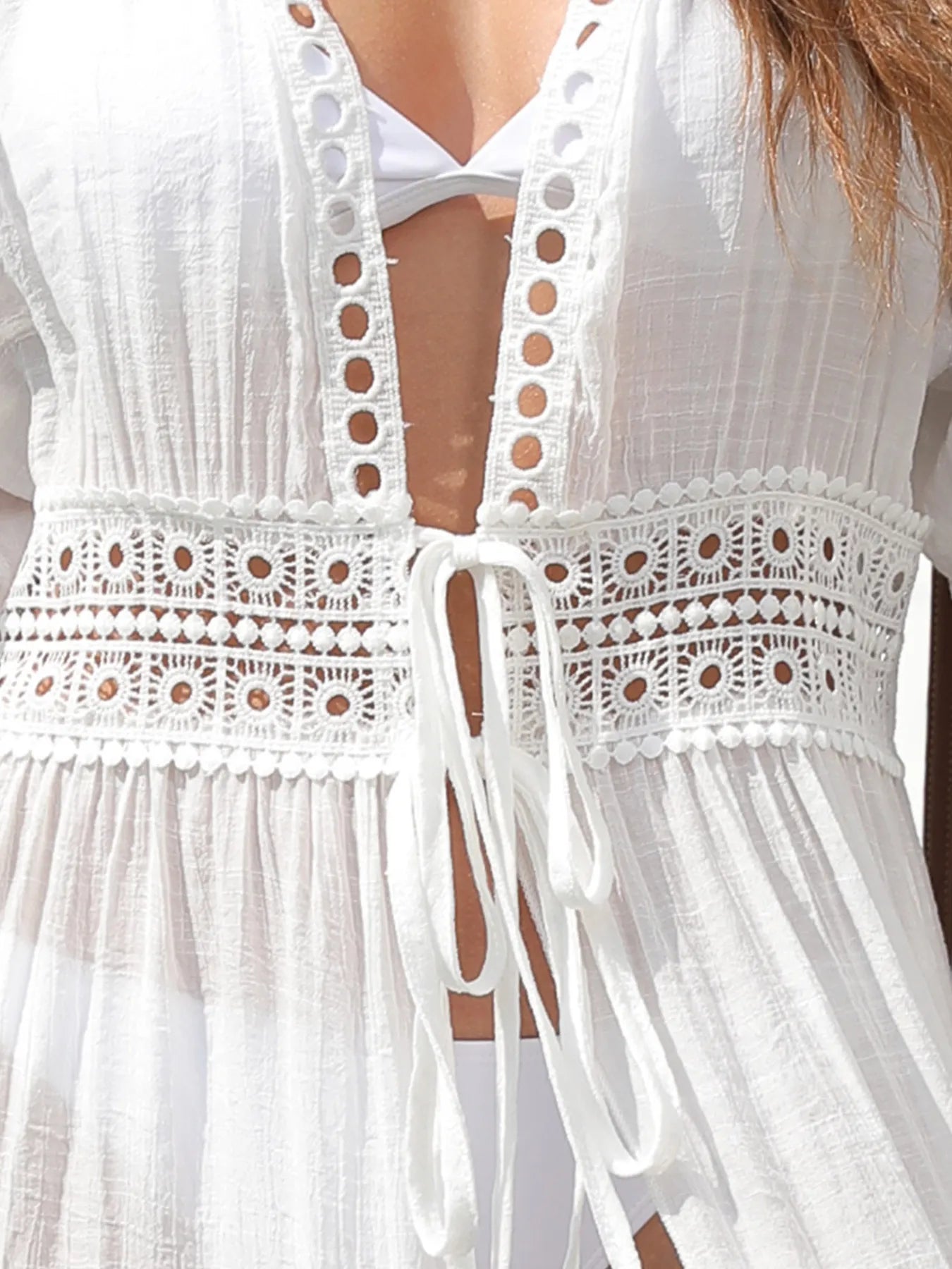 Lace Trim Plunging Beach Cover Up Maxi Dress - adritiX