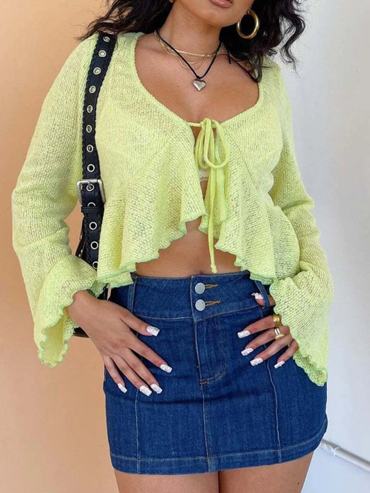 Ruffled Hem Tie-Front Cropped Cardigan - adritiX