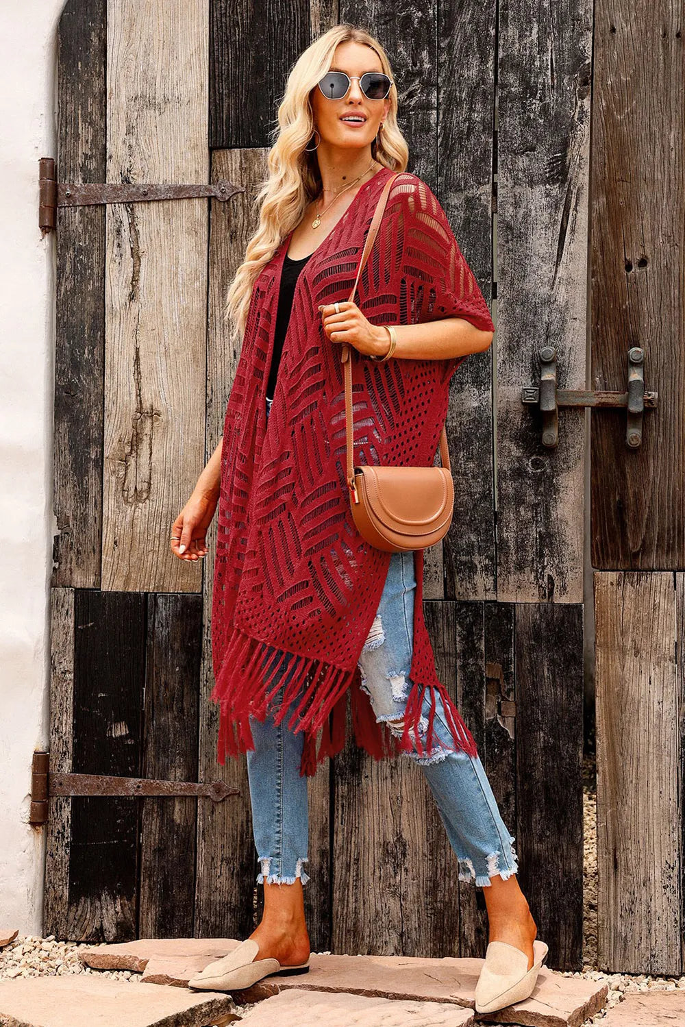 Openwork Open Front Cardigan with Fringes - adritiX