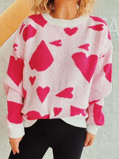 Heart Round Neck Long Sleeve Sweater - adritiX