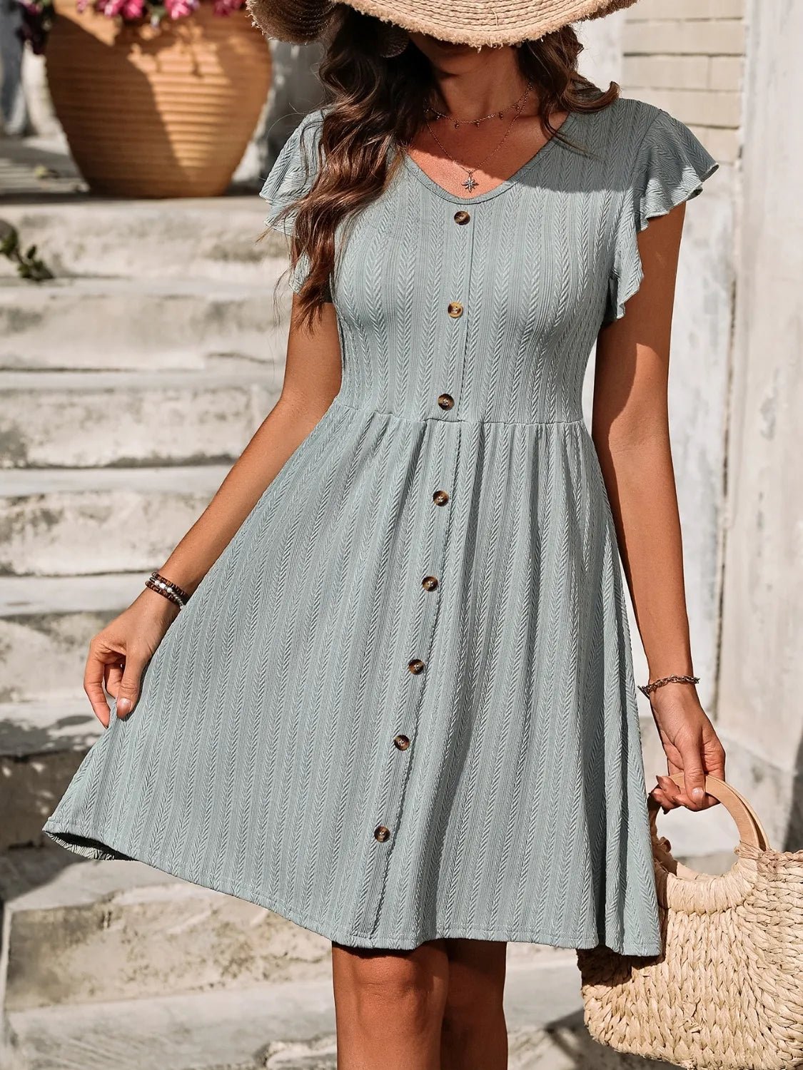 V-Neck Ruffled Cap Sleeve Dress - adritiX