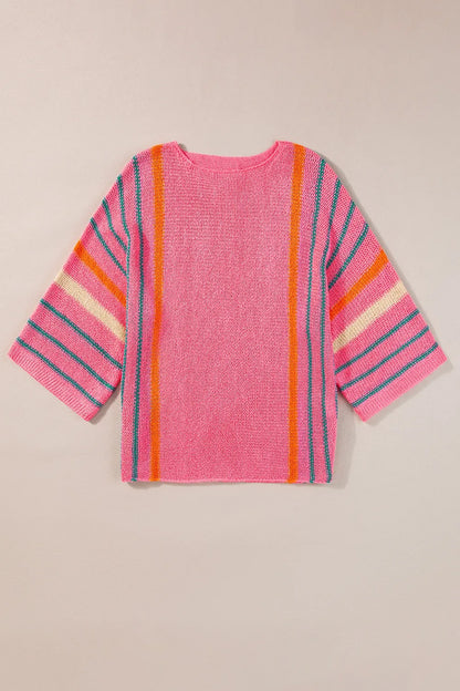 Striped Boat Neck Three-Quarter Sleeve Knit Top - adritiX
