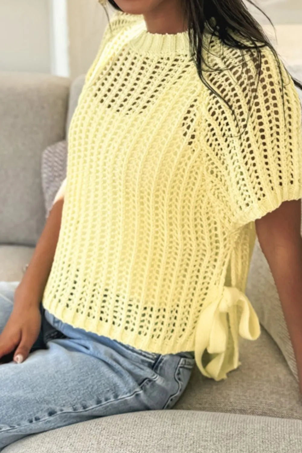 Hollow-out Crochet Side Tied Short Sleeve Knit Cover Up - adritiX