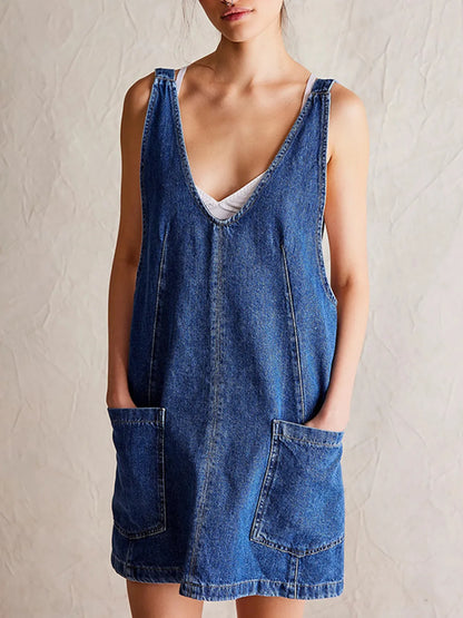 Oversized V-Neck Denim Tank Dress with Front Pockets - adritiX