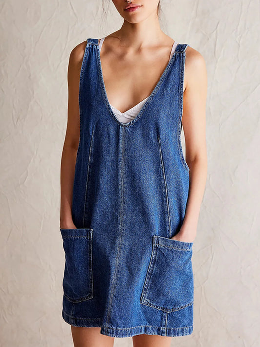 Oversized V-Neck Denim Tank Dress with Front Pockets - adritiX