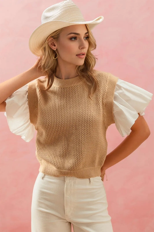 Oh Full Size Ruffled Round Neck Short Sleeve Sweater - adritiX