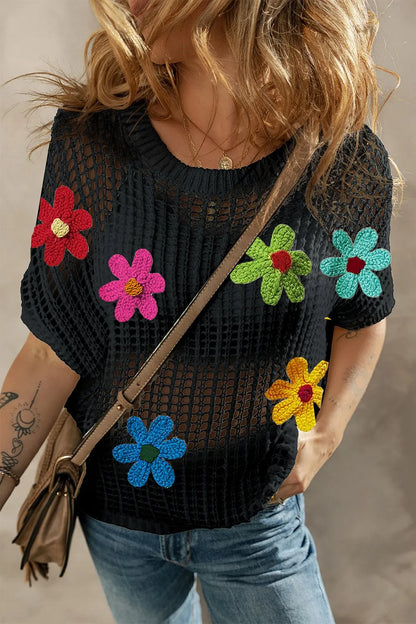 Elegant Flower Round Neck Half Sleeve Knit Cover Up - adritiX