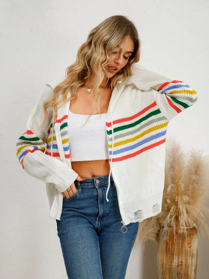 Drawstring Striped Dropped Shoulder Hooded Cardigan - adritiX