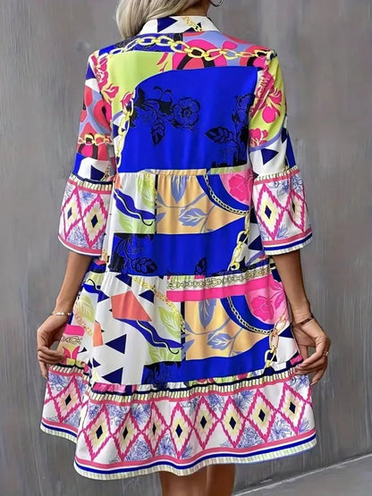 Printed Notched 3/4 Sleeve Tiered Dress - adritiX