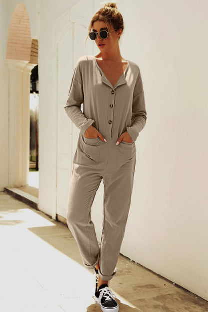 Elegant Buttoned Drop Shoulder Pocket Jumpsuit - adritiX