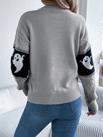 Ghost Round Neck Long Sleeve Sweater - adritiX