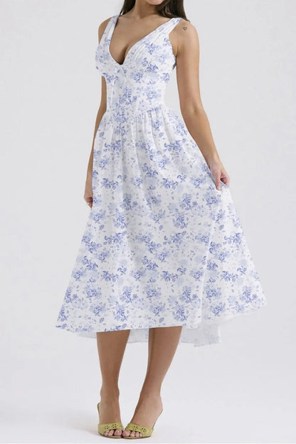 Floral V-Neck Sleeveless Midi Dress with Pockets - adritiX