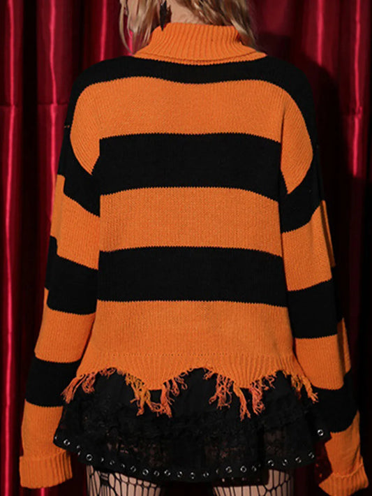 Raw Hem Contrast Turtleneck Long Sleeve Sweater - adritiX