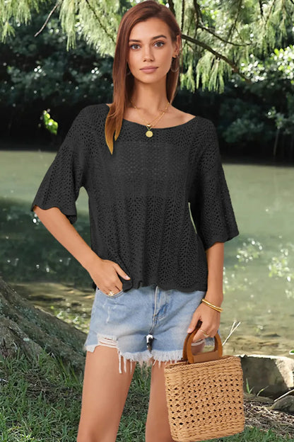 Openwork Round Neck Half Sleeve Knit Top - adritiX