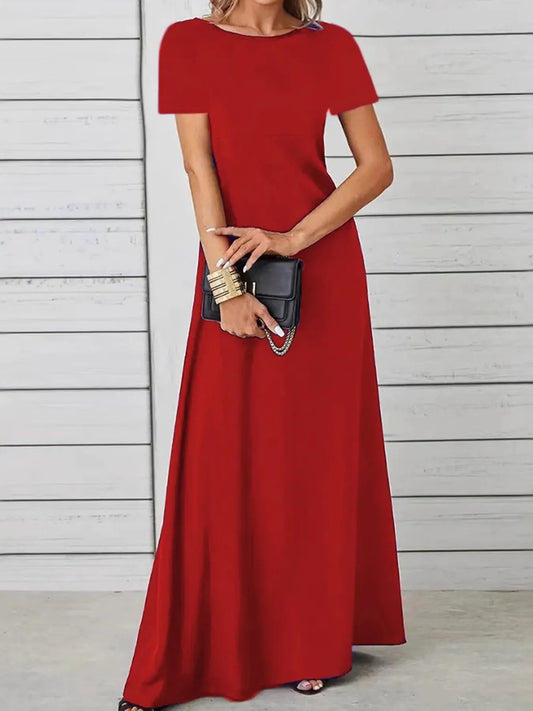 Full Size Round Neck Short Sleeve A-Line Maxi Dress Plus Size - adritiX