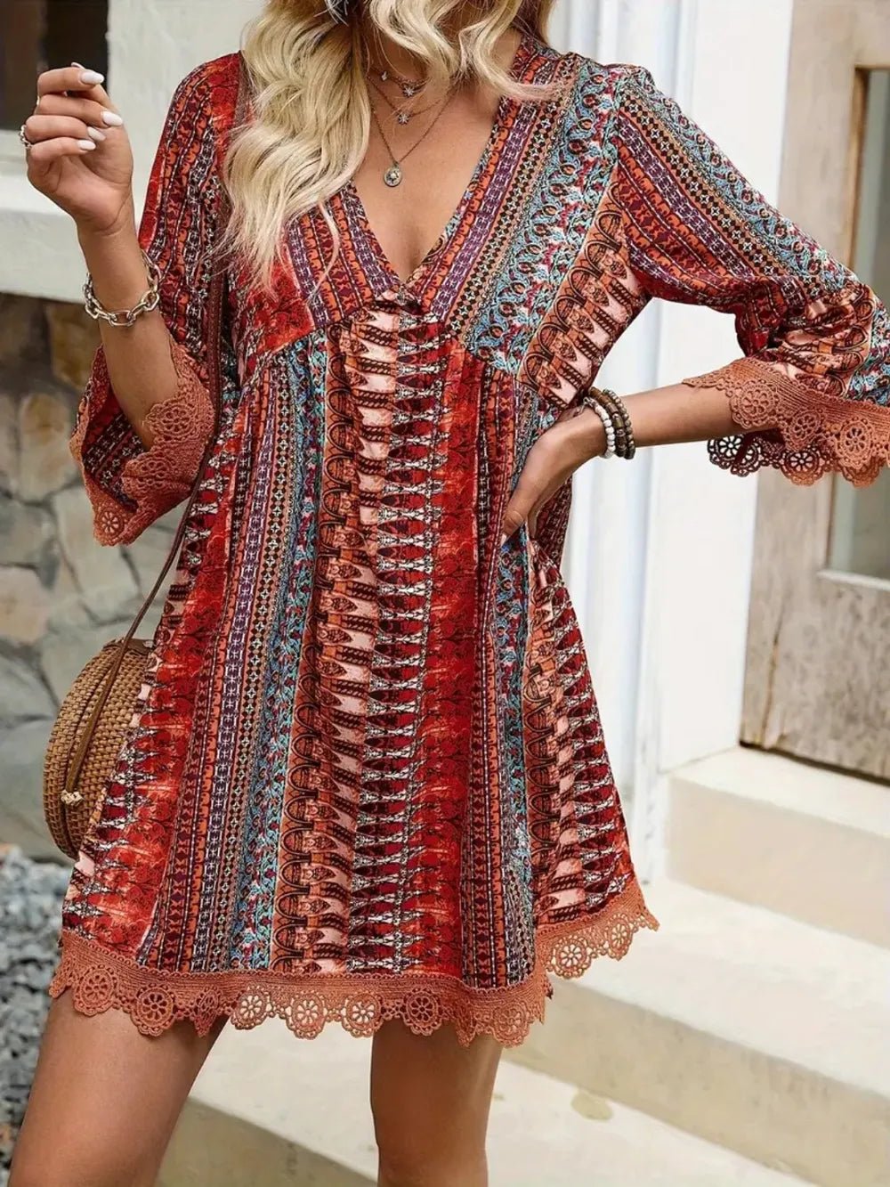 Elegant Lace Trim Printed V-Neck 3/4 Sleeve Dress - adritiX