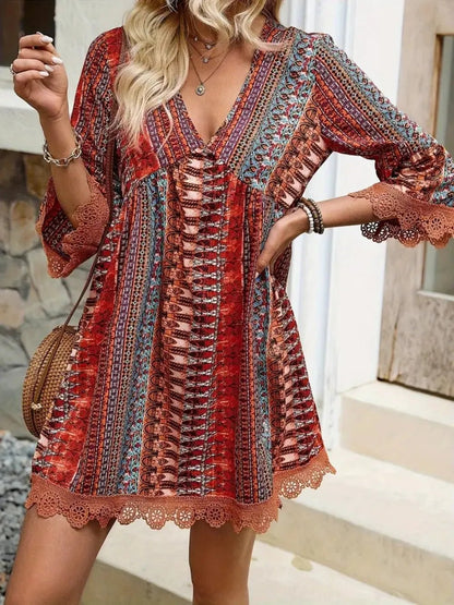 Elegant Lace Trim Printed V-Neck 3/4 Sleeve Dress - adritiX