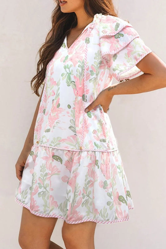 Floral Contrast Edge Layered Short Sleeve Mini Dress - adritiX