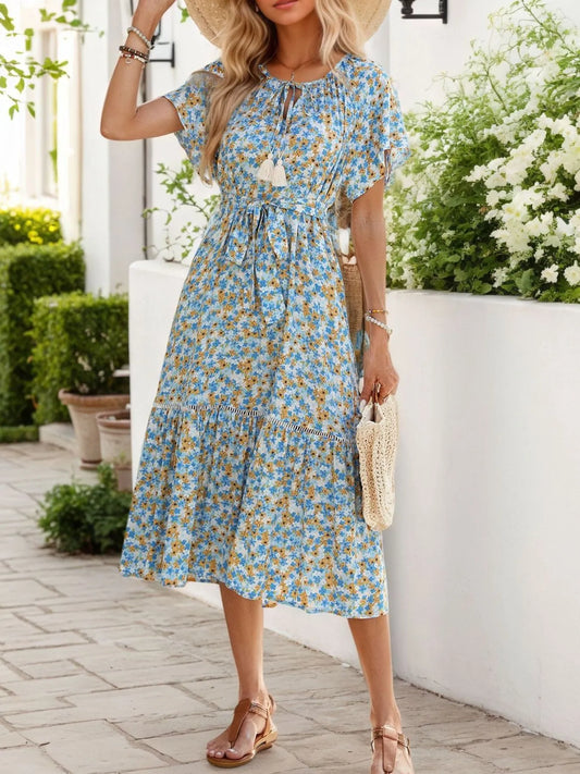 Floral Print Midi Dress with Tie Front - adritiX
