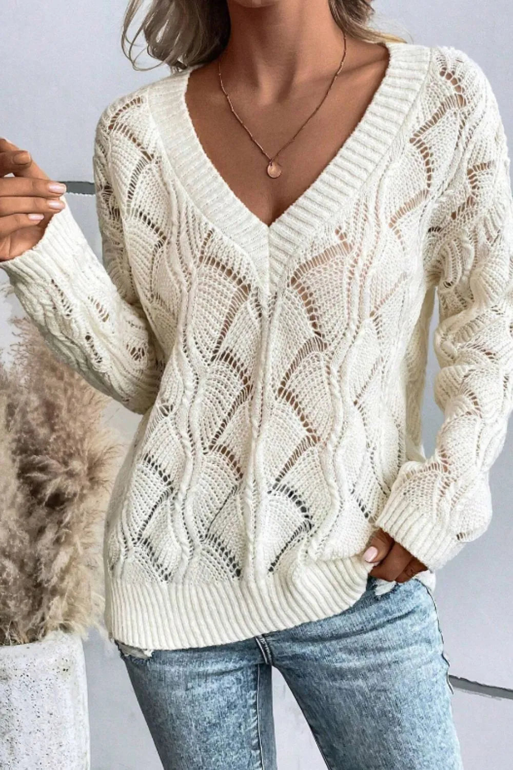 Openwork V-Neck Long Sleeve Sweater - adritiX