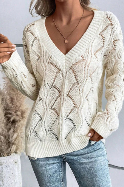 Openwork V-Neck Long Sleeve Sweater - adritiX