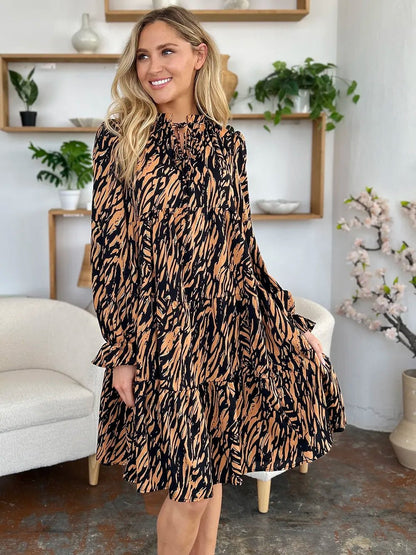 Double Take Full Size Printed Ruffle Hem Long Sleeve Dress - adritiX