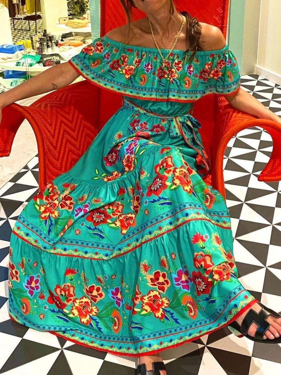 Floral Off Shoulder Ruffle Maxi Dress - adritiX