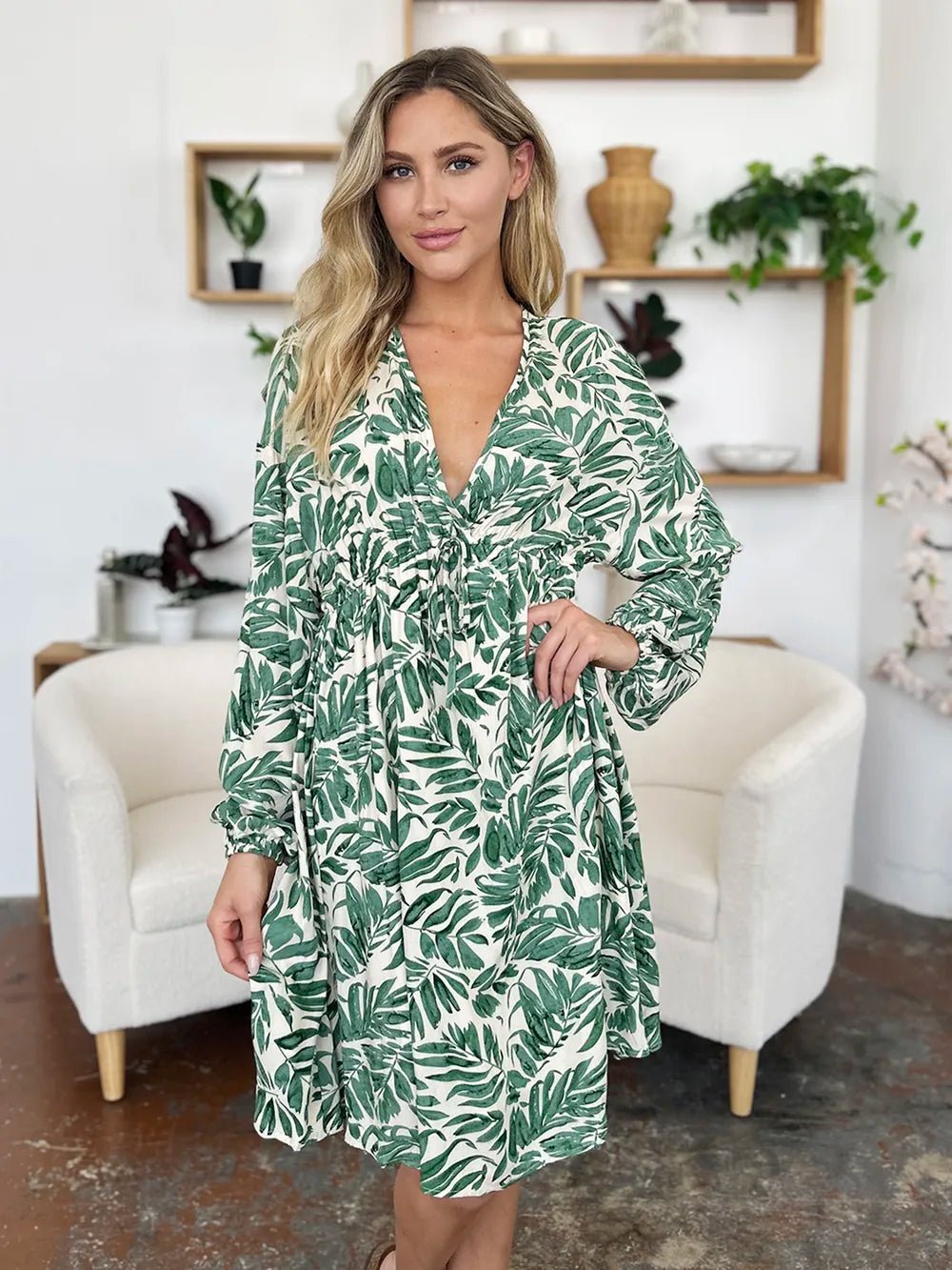 Double Take Full Size Printed Ruched Balloon Sleeve Dress - adritiX