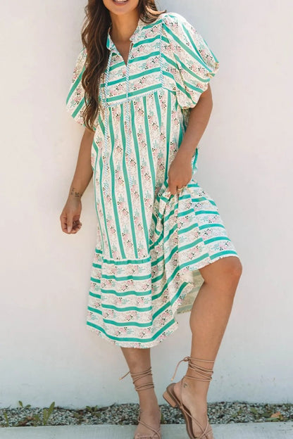 Striped Floral Print Tie Neck Puff Sleeve Midi Dress - adritiX