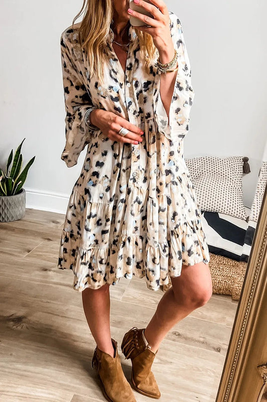 Leopard Print Buttoned Front 3/4 Sleeve Tiered Ruffled Hem Dress - adritiX