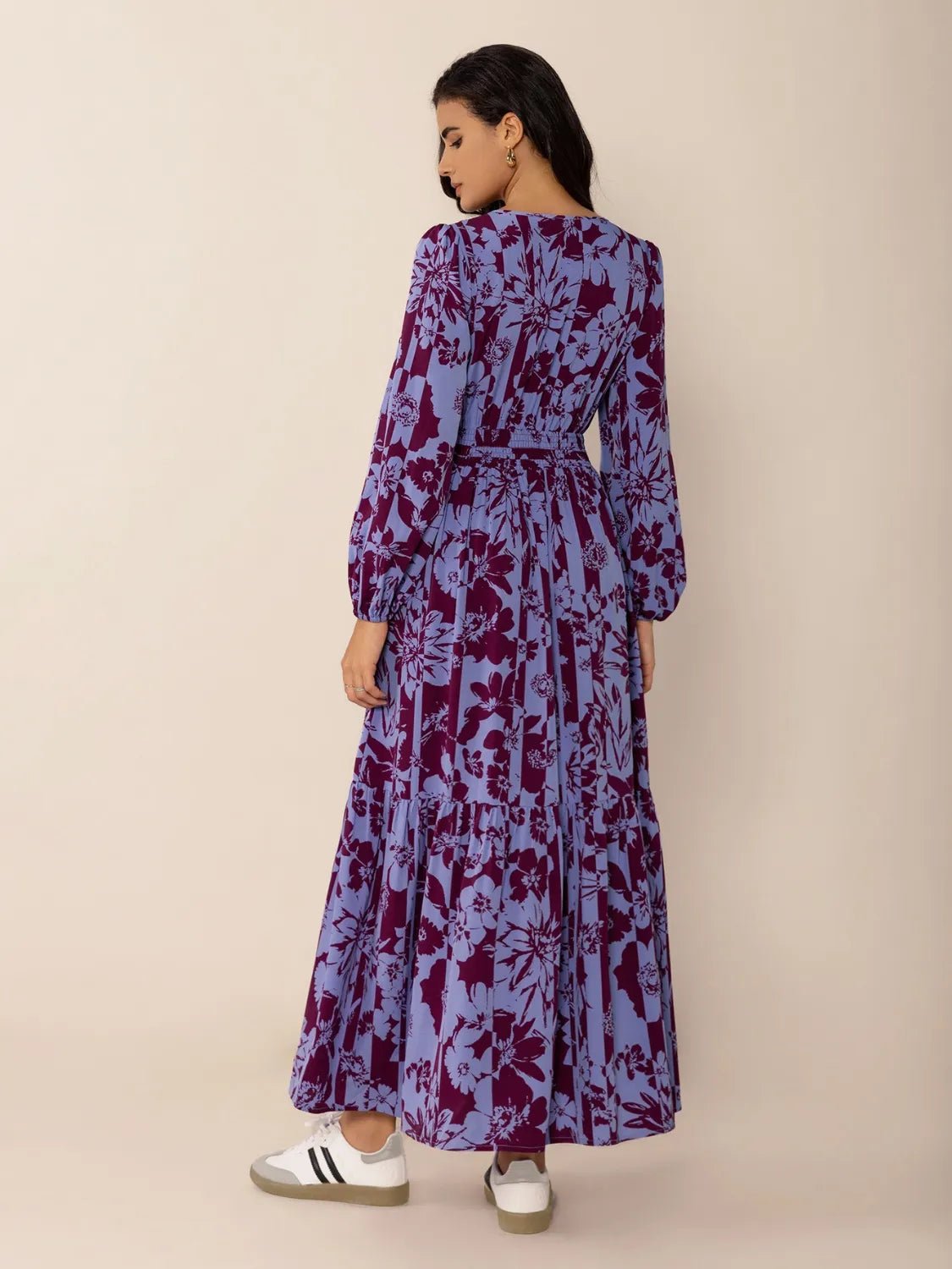 Printed Tie Neck Balloon Sleeve Maxi Dress - adritiX