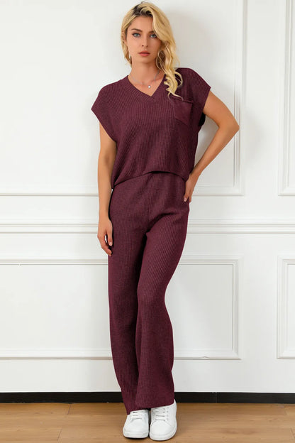Pocketed V-Neck Top and Wide Leg Sweater Set - adritiX