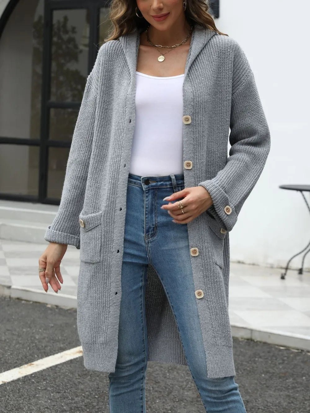 Pocketed Button Up Long Sleeve Hooded Cardigan - adritiX