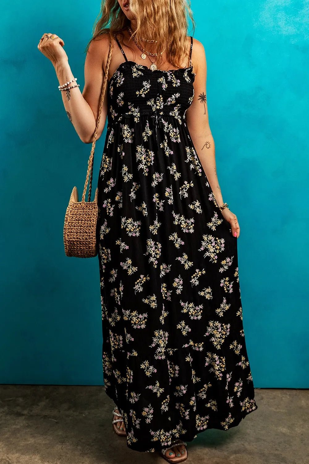 Floral Spaghetti Strap Shirred Bodice Tied Empire Waist Maxi Dress - adritiX