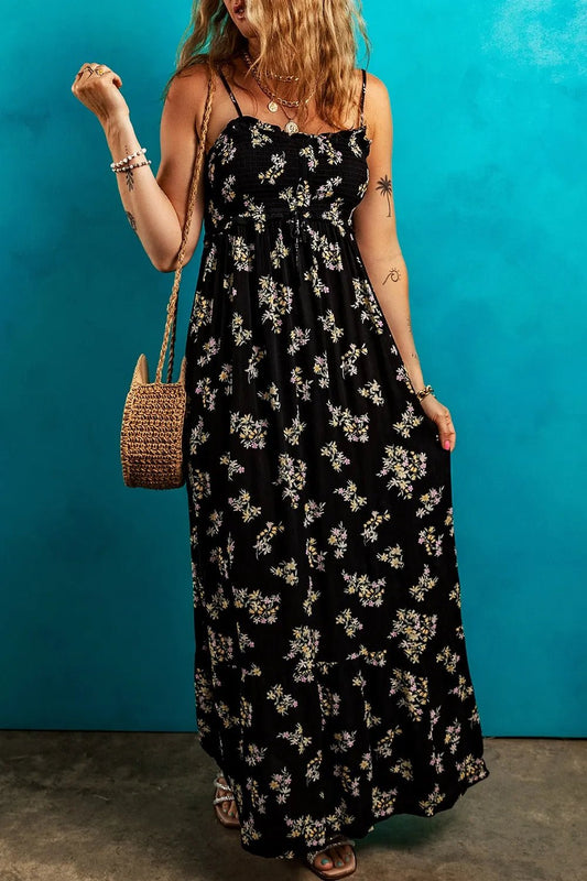 Floral Spaghetti Strap Shirred Bodice Tied Empire Waist Maxi Dress - adritiX