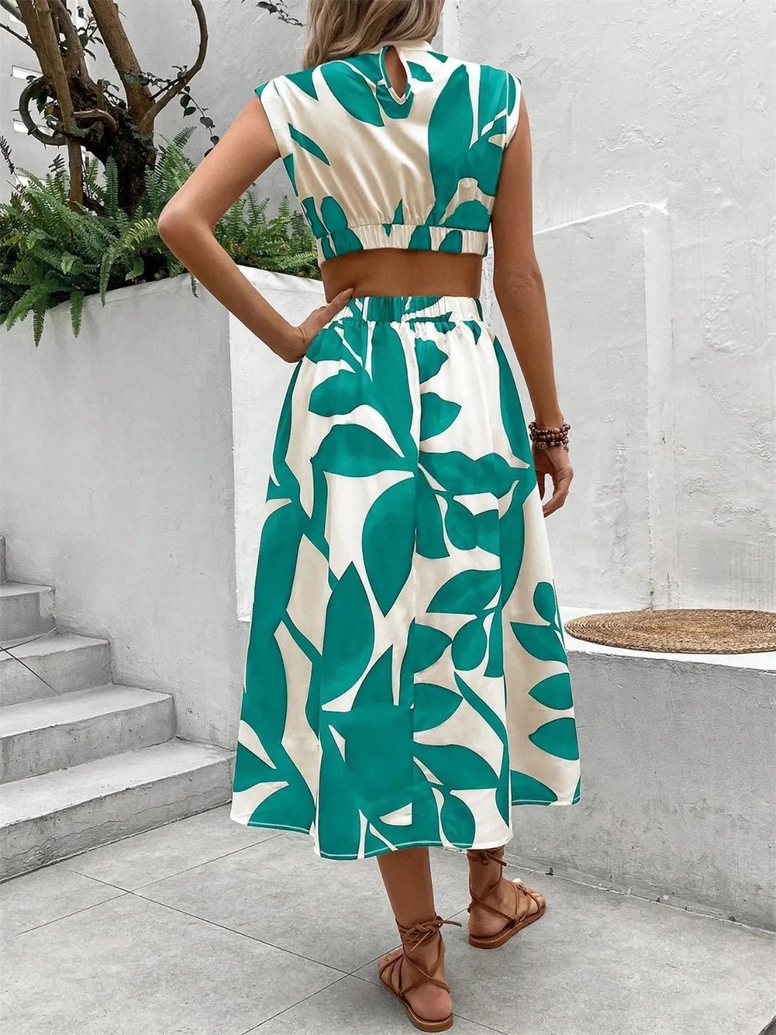 Cutout Printed Cap Sleeve Midi Dress - adritiX